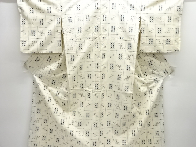 JAPANESE KIMONO / ANTIQUE CHECKERED KASURI-PATTERNED TSUMUGI KIMONO